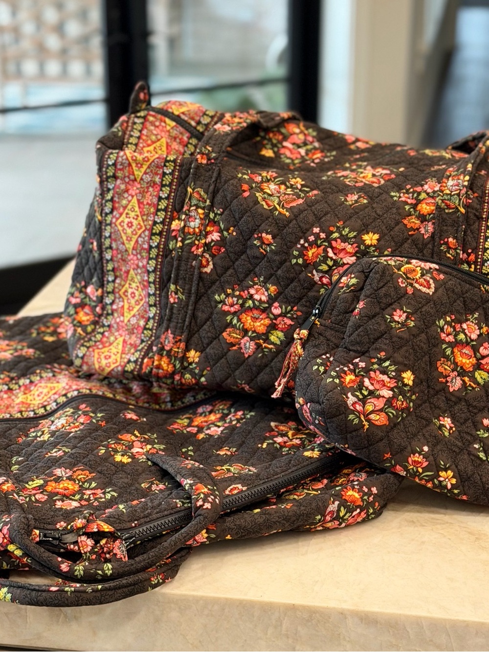 Vera Bradley Black Floral Quilted Travel Set